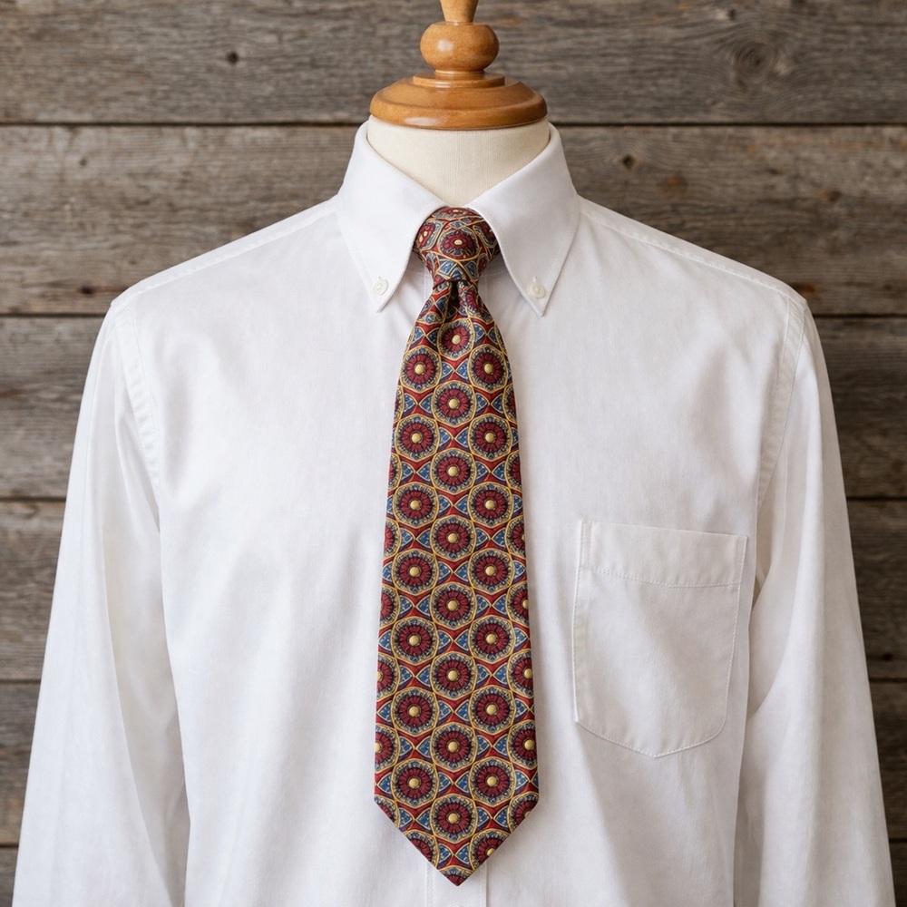 Valentino Cravatte red gold blue geometric triangle circle silk designer tie